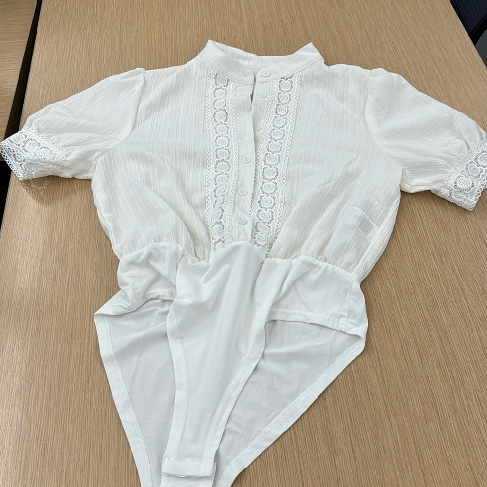 NWOT Lace Patchwork Bodysuit With Stand Collar And Front Button Closure